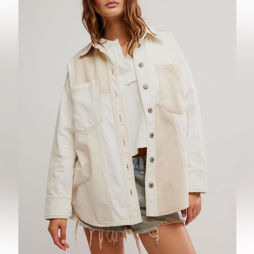 Free People Cream and White Button-Down Shacket